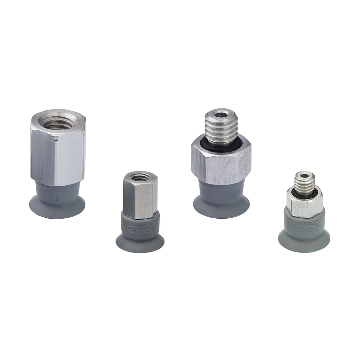 Ventosas planas Ventosas universales en NBR o silicona. Diámetros desde 1 hasta 100 mm con rosca tamaño M3, M5, G1/8, 1/4, macho y hembra.