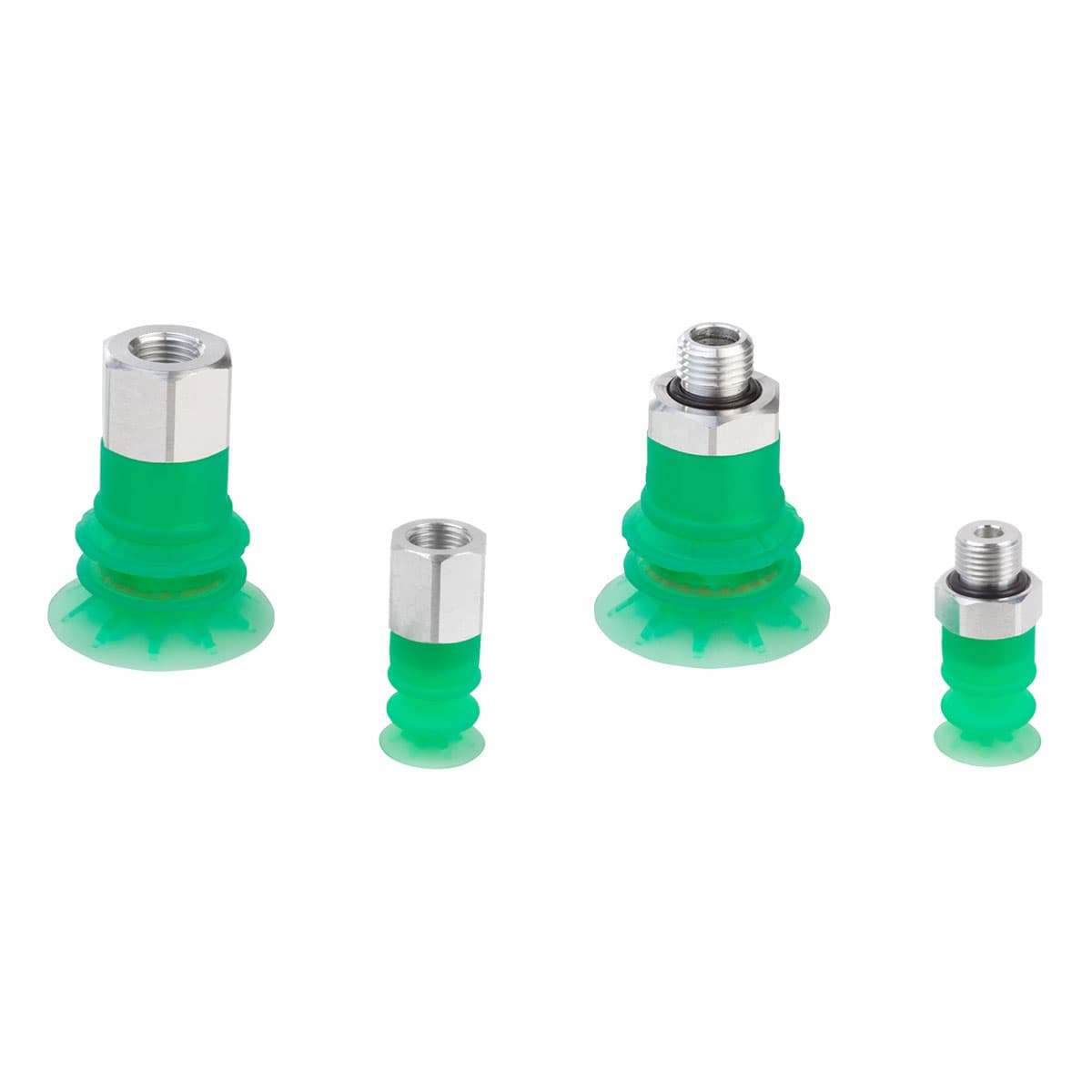 Ventosas de fuelle (redondas) para embalaje 2,5 pliegues Ventosas en silicona. Diámetros desde 15 hasta 50 mm con rosca tamaño G1/8, G1/4, G3/8 and G1/2, macho y hembra