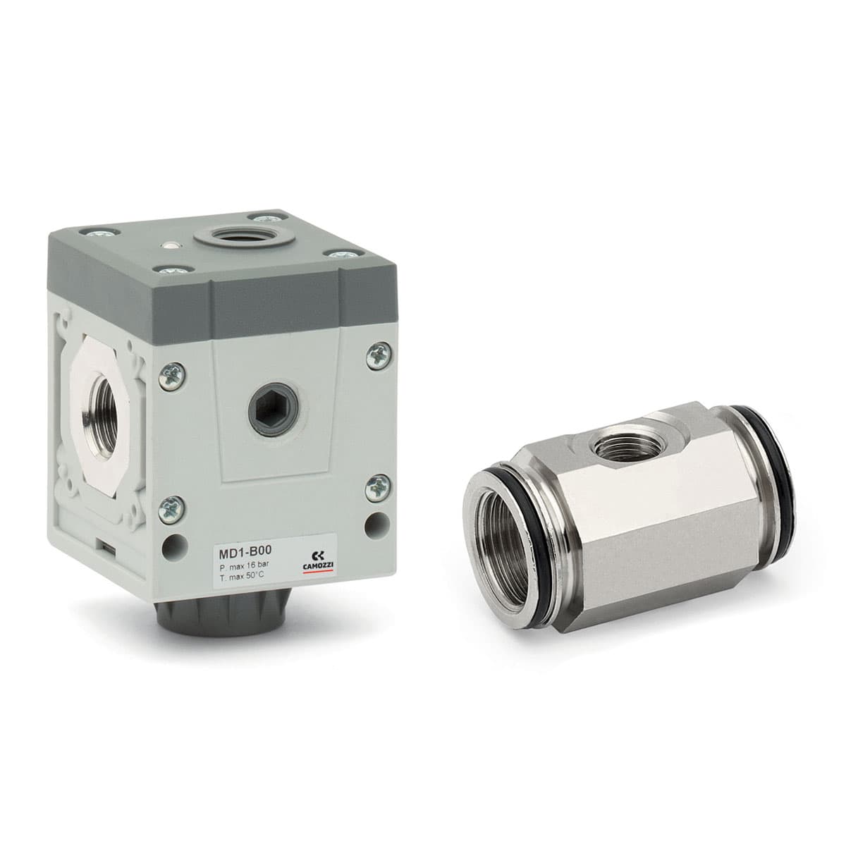 Módulos de derivación Módulo con cartuchos intercambiables: roscados (1/8, 1/4, 3/8) o integrados con racores súper rápidos para tubo con Ø 6, 8 y 10 mm (versión 4 vías) Cartucho de unión intermedio con derivación (versión 2 vías) Cartucho de unión intermedio con válvula de retención