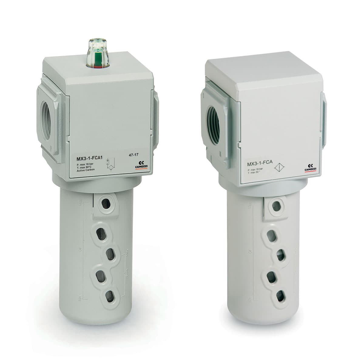 Filtros de carbón activo Conexiones MX2: G3/8, G1/2, G3/4 - Conexiones MX3: G3/4, G1 Modular Vaso con cubierta de tecnopolímero y montaje tipo bayoneta