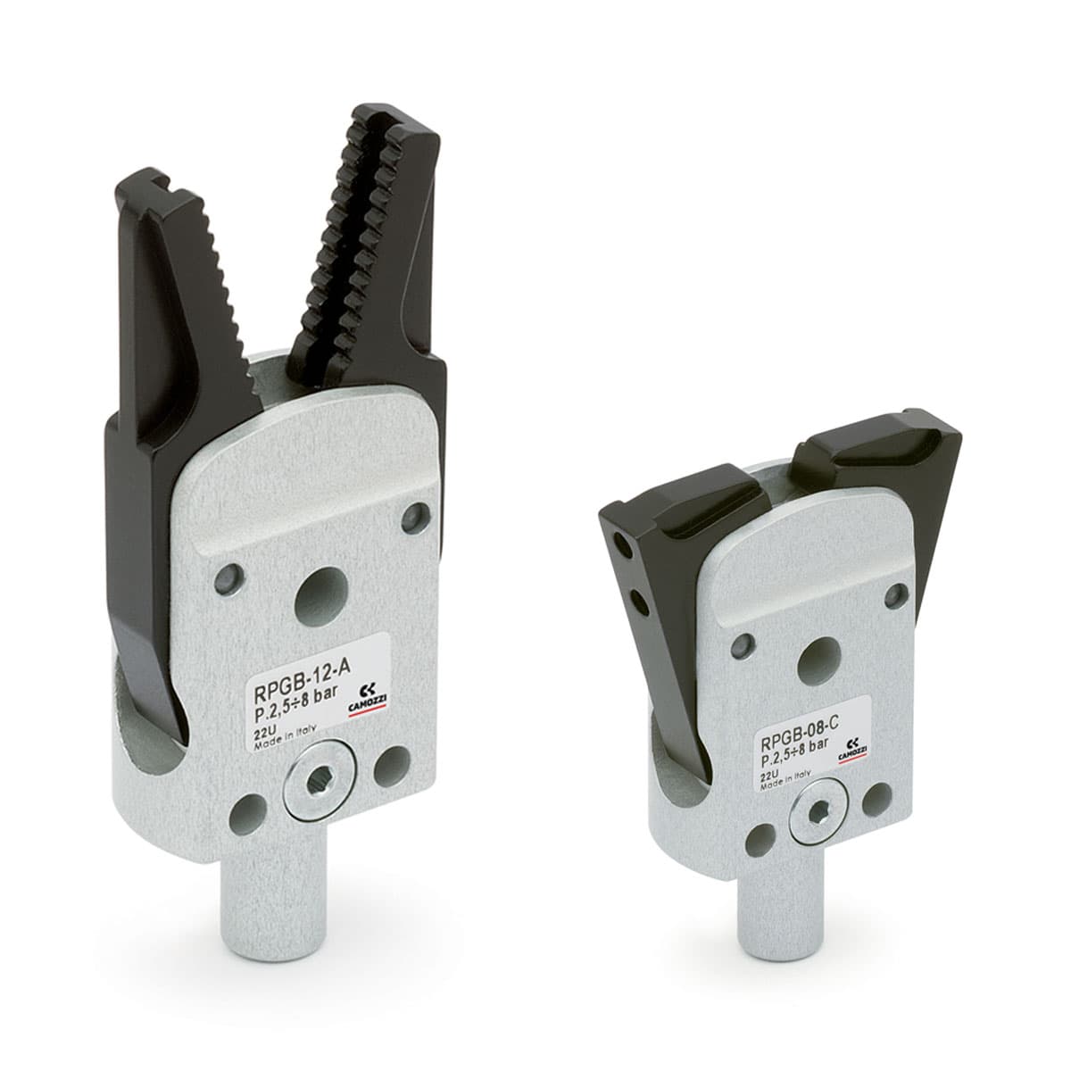 Pinzas para moldes Angular, no auto-centrable, simple efecto, normalmente abierta Modelos: Dedo Plano, Dedo Corto, Dedo Plano con sensor Tamaños 8, 12 mm