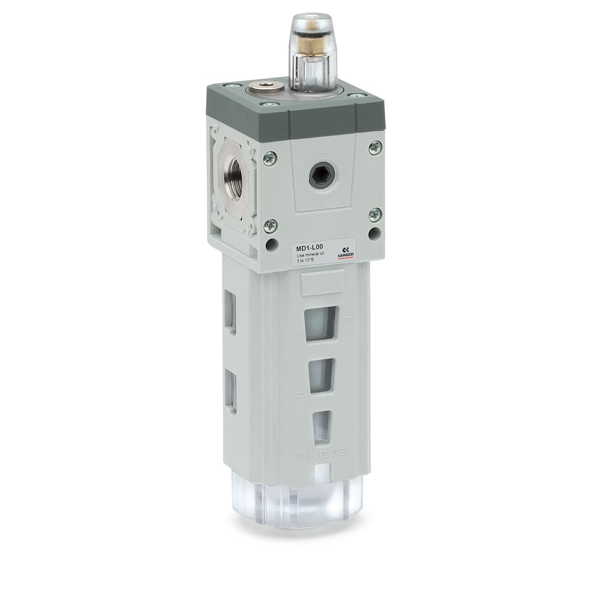 Lubricadores Puertos con cartuchos intercambiables: roscados (1/8, 1/4, 3/8) o integrados con racores súper rápidos para tubo Ø 6, 8, 10 mm Ensamble módular Vaso con cubierta de tecnopolímero y montaje tipo bayoneta