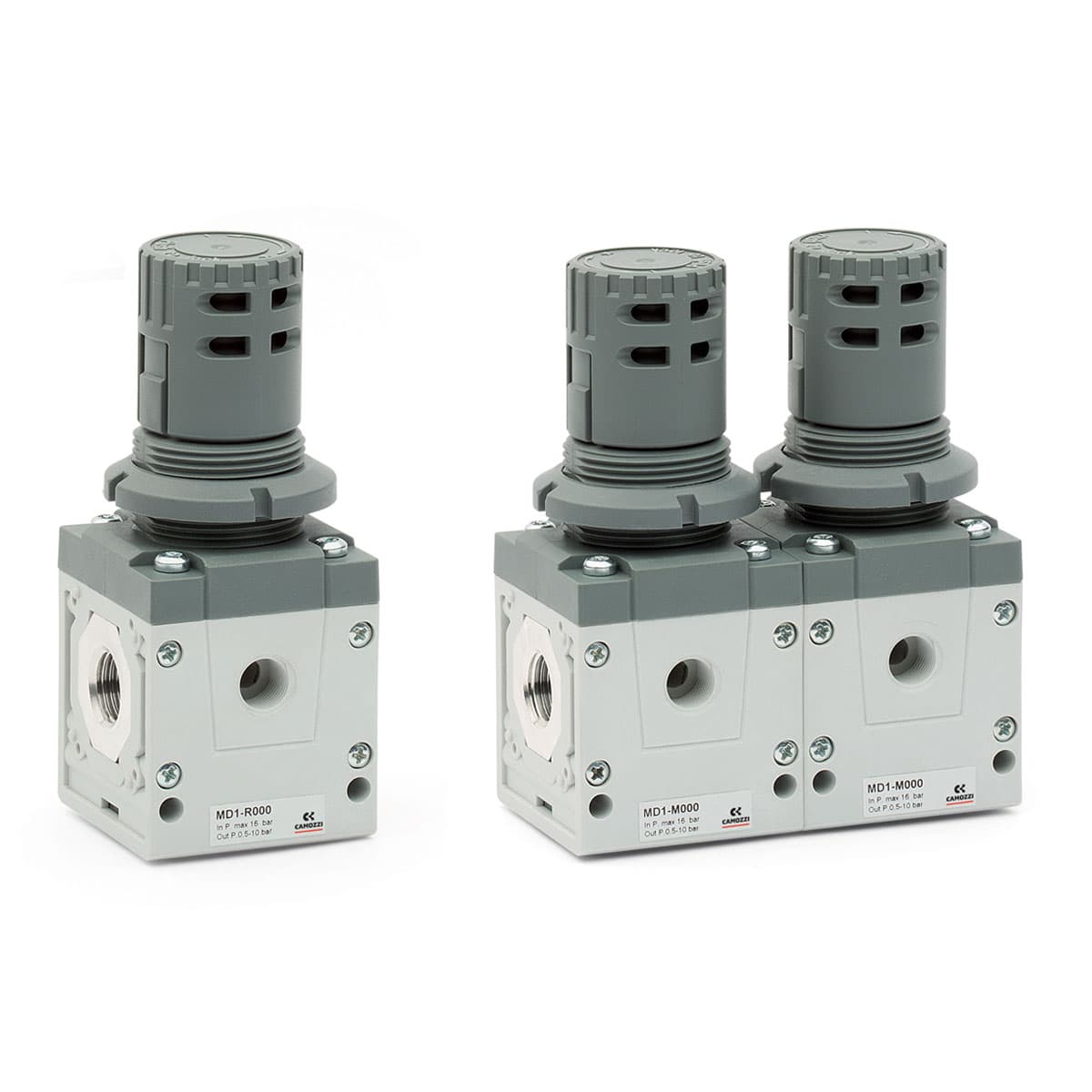 Reguladores de presión Puertos con cartuchos intercambiables: roscados (1/8, 1/4, 3/8) o integrados con racores super rápidos para tubo Ø 6, 8, 10 mm Versiones: sencillo, combinado con otras functiones, Manifold