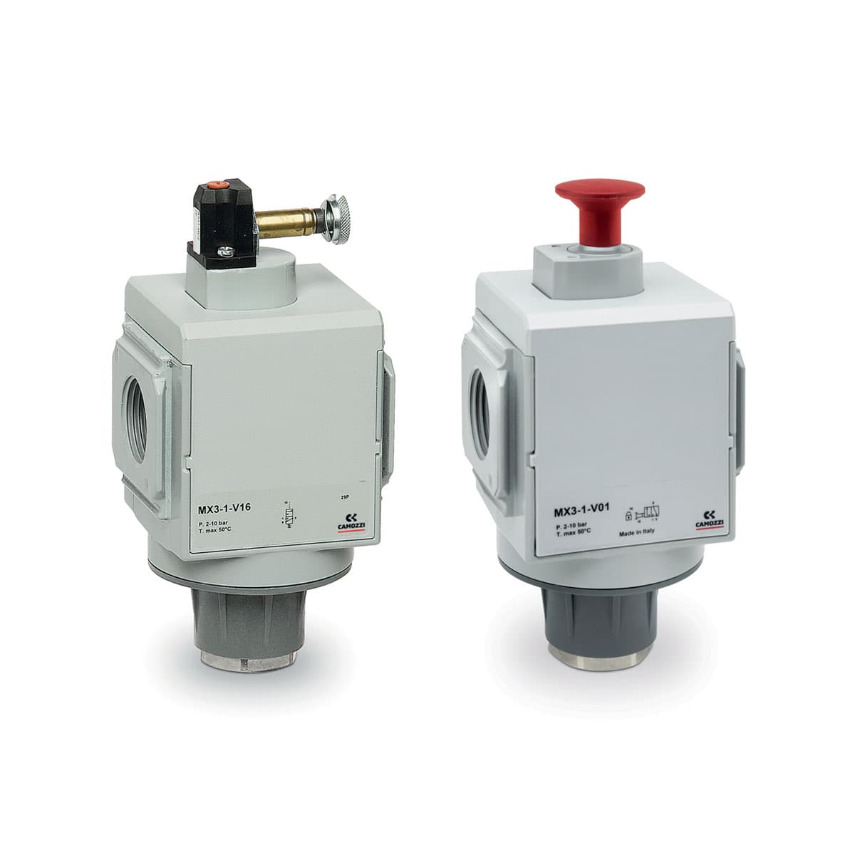Válvulas de interceptación 3/2 vías Conexiones MX2: G3/8, G1/2, G3/4 - Conexiones MX3: G3/4, G1 Modular Manual, electro neumático, control neumático y servo-piloto