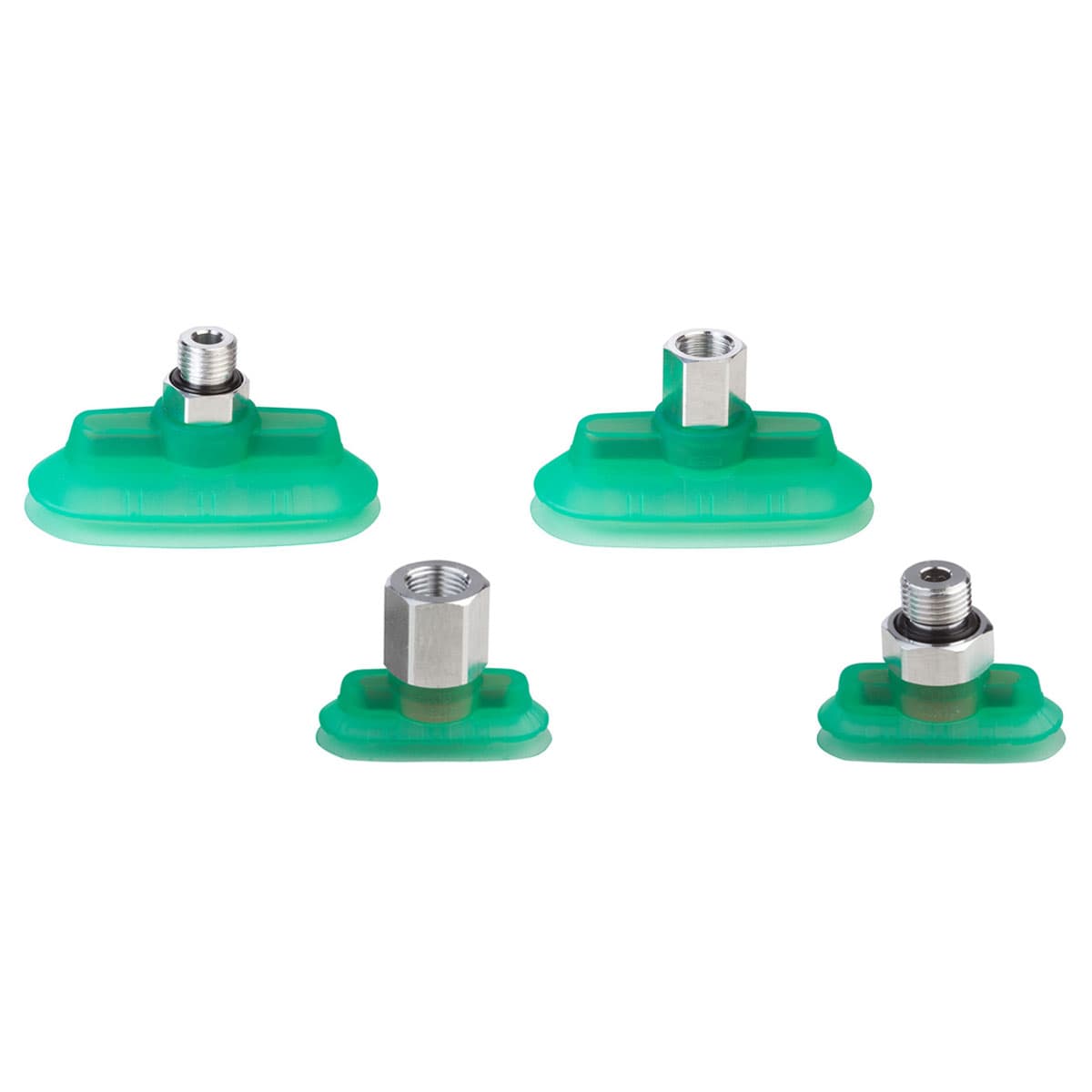 Ventosas de fuelle (ovalada) para embalaje - 1,5 pliegues Ventosas en elastodur ED-65 o silicona. Dimensiones desde 60x20 hasta 100x40 mm con rosca tamaño G1/8 and G1/4, macho y hembra