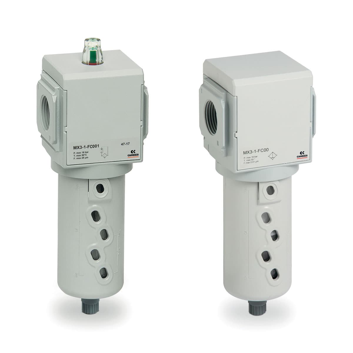 Filtros coalescentes Conexiones MX2: G3/8, G1/2, G3/4 - Conexiones MX3: G3/4, G1 Modular Vaso con cubierta de tecnopolímero y montaje tipo bayoneta