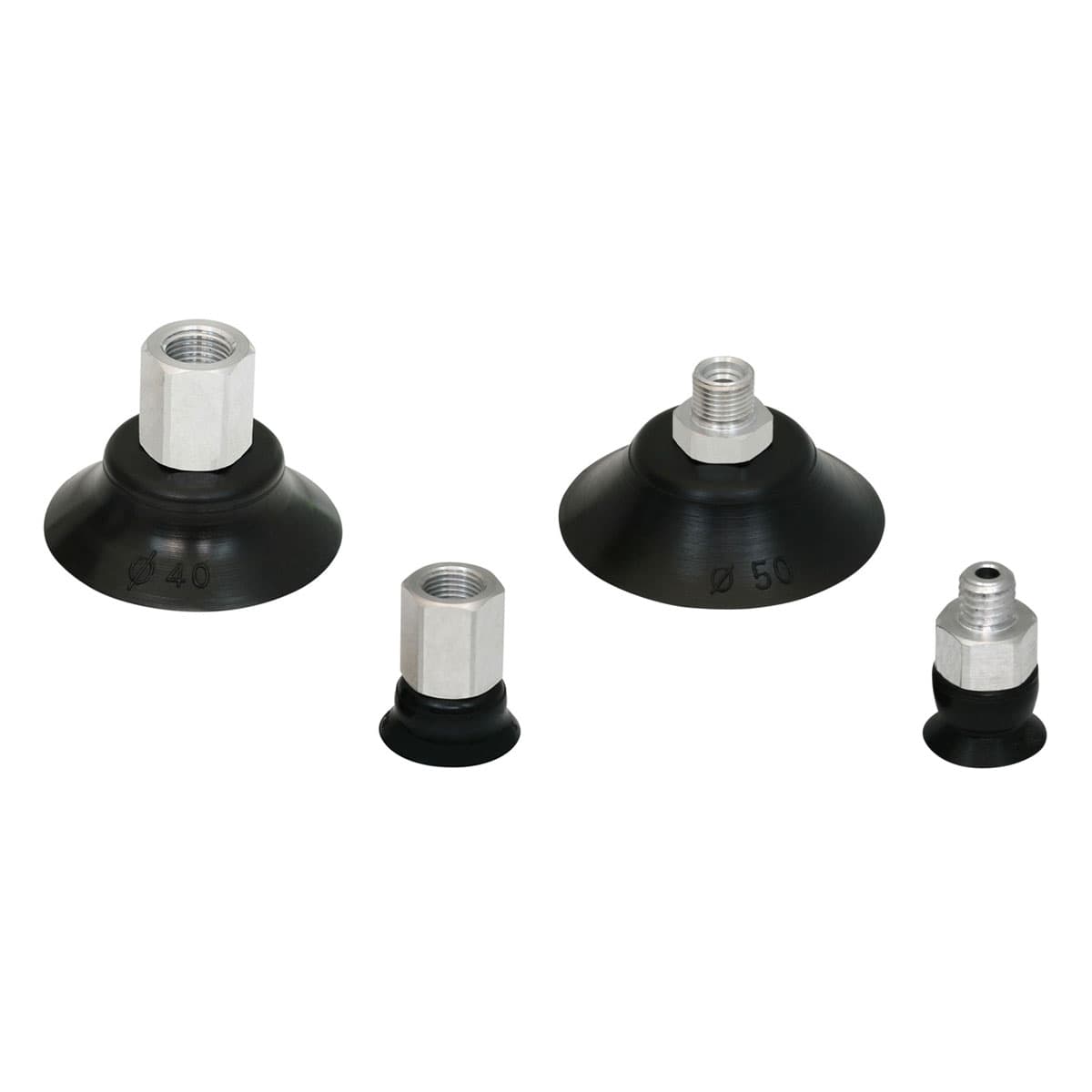 Ventosas planas (redondas) Ventosas Universales en NBR o Silicón. Diámetros desde 3,5 a 95 mm con cuerda M3, M5, G1/8, G1/4, ambos macho y hembra.